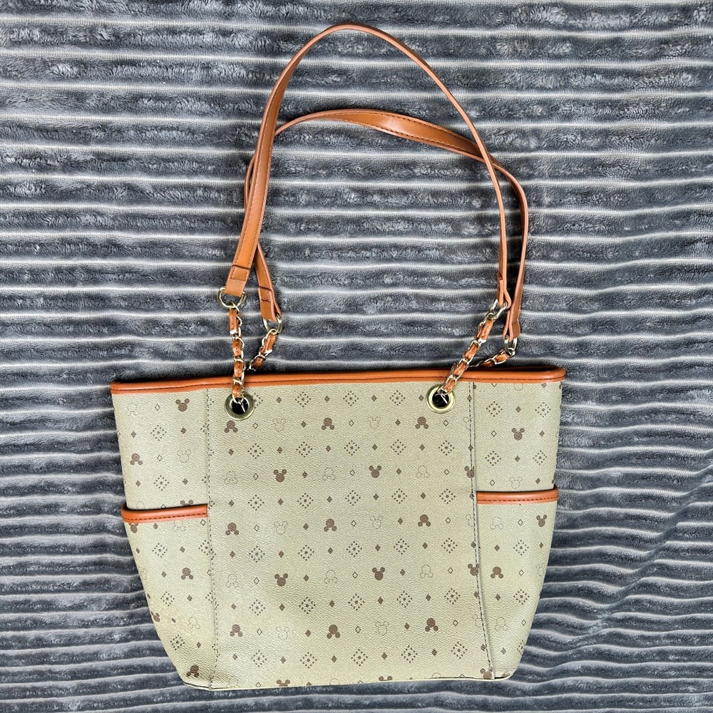 Disney NRETRO Mickey Mouse Monogram Tote Bag Tan Brown Chain Shoulder Purse